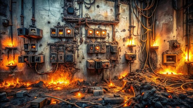 Enigmatic Electrical Inferno A Wall of Aged Switchgear Consumed by Embers and Flames