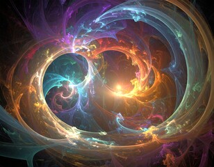 Vivid fractal with swirling, colorful energy around a bright central core