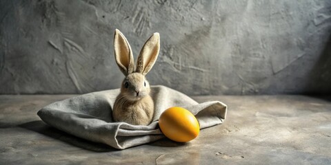 A fluffy bunny nestled in a soft cloth, accompanied by a vibrant yellow egg, creates a charming springtime scene.