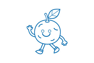 Blue line art illustration shows a happy orange walking with a smile and waving