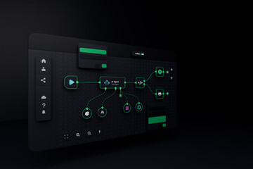 Obraz premium AI workflow automation artificial intelligence software interface nodes triggers data tool dashboard coding icon flow process technology 3d rendering.