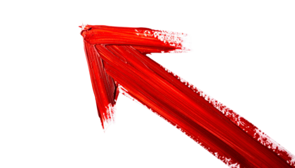 Bold red painted arrow pointing diagonally upwards. Thick brushstrokes with transparent background