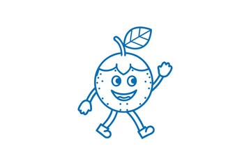 Cheerful outline of an orange fruit character strides forward while waving hello happily