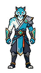 Obraz premium Anthropomorphic canine warrior stands poised in stylized fantasy attire against a dark background