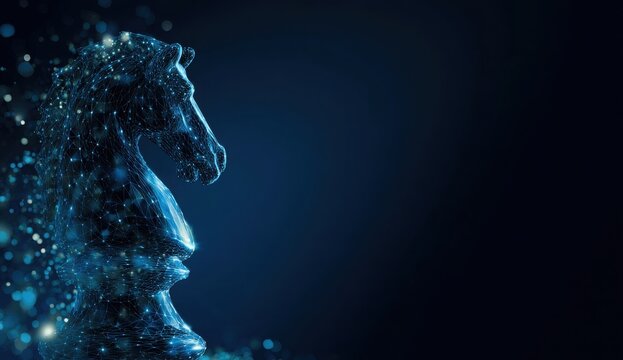 Strategic Knight: A captivating, abstract image of a chess knight, rendered in shimmering blue particles, poised against a deep, dark background, signifying strategic thinking and calculated moves.