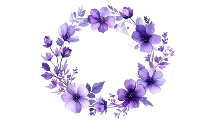 A circular floral arrangement showcases watercolor purple blooms on a black background