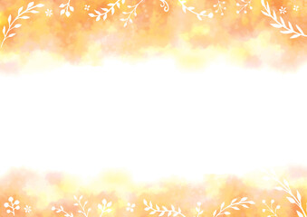 Orange and yellow watercolor textured background with white plants