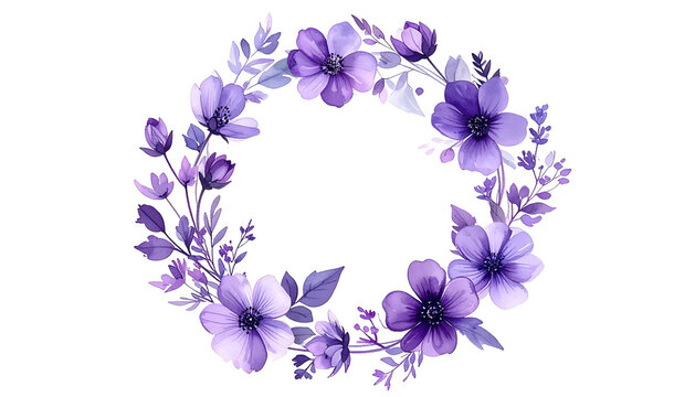 A circular floral arrangement showcases watercolor purple blooms on a black background