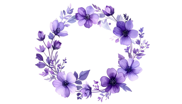 A circular floral arrangement showcases watercolor purple blooms on a black background