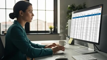 Focused businesswoman analyzing data on a desktop computer in a bright modern office, highlighting professional dedication and digital efficiency. - Powered by Adobe
