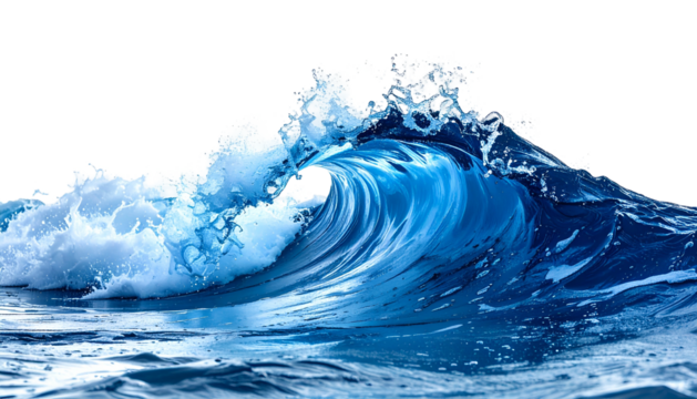 A curling ocean wave with cresting white foam against a black background