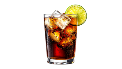 Refreshing dark beverage with ice cubes and lime slice garnish, against black
