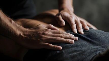 Close up of skilled hands performing a therapeutic massage on a person s lower back