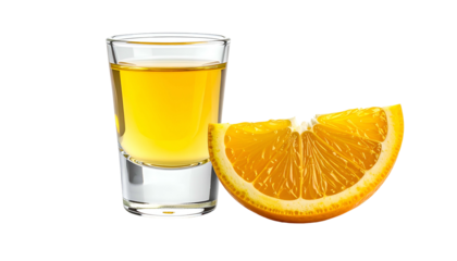 A shot glass of amber liquid stands beside an orange slice, black background