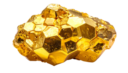 Close-up of a faceted, golden mineral cluster against a black background