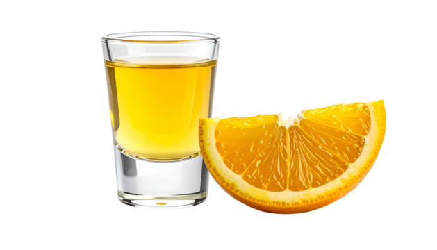 A shot glass of amber liquid stands beside an orange slice, black background