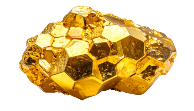 Close-up of a faceted, golden mineral cluster against a black background