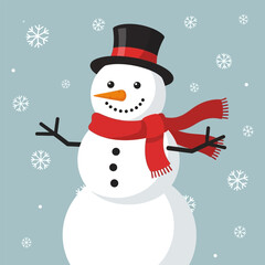 A cheerful snowman wearing a black top hat and a red scarf.
