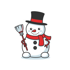 Cheerful snowman with a black hat and red scarf holding a broom.
