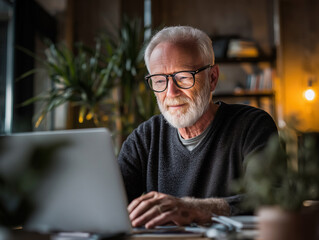 Focused senior man with a white beard and glasses using a laptop at a desk in a modern office or home setting with ambient lighting, representing active aging and tech usage.