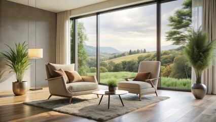 Fototapeta premium Serene Living Room with Panoramic View of Rolling Hills and Lush Greenery, Featuring Modern Armchairs and a Cozy Rug