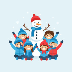 Children and snowman enjoying winter season together with joy and happiness.
