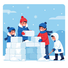 Fototapeta premium Children Building an Igloo in Winter Snow.