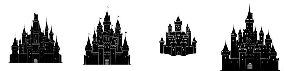 Four black silhouettes of fantasy castles with multiple spires and towers, depicted in a cartoonish or iconic style on a white background.