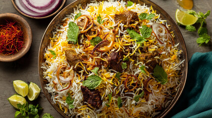 top view of mutton biryani garnished with mint leaves