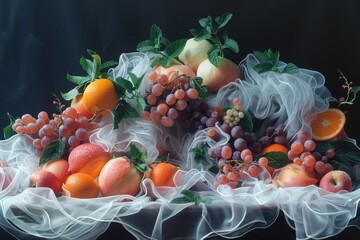 Artistic arrangement of fresh grapes, peaches, oranges, and mint leaves on soft white fabric in a dramatic lighting setup.