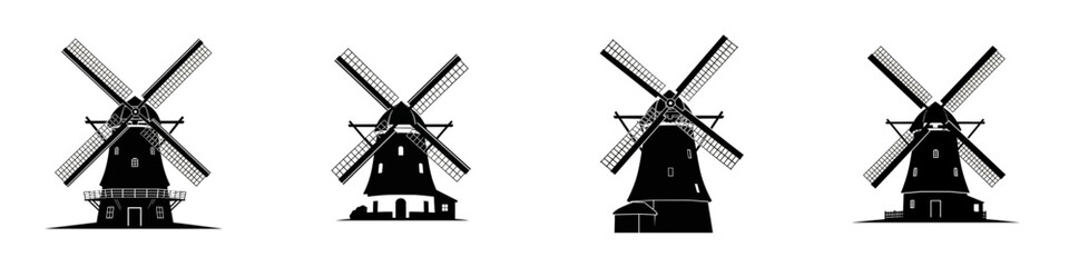 A collection of four black silhouette illustrations of traditional windmills, each with four sails and distinct base structures.