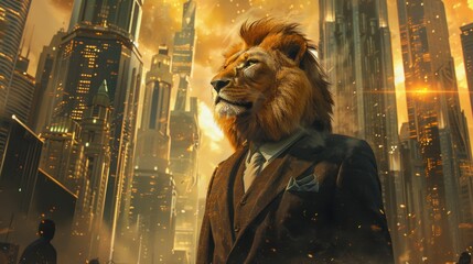 A majestic lion wearing a suit stands confidently amid a glowing, sci-fi city skyline filled with tall skyscrapers.