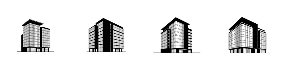 Fototapeta premium A set of four stylized black and white icons depicting modern office buildings with multiple floors and windows, presented on a white background.
