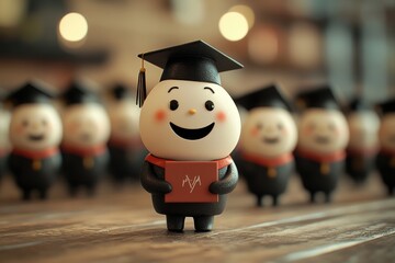 Smiling cartoon graduate character in cap and gown holds a diploma while standing among other graduates on ceremony day.