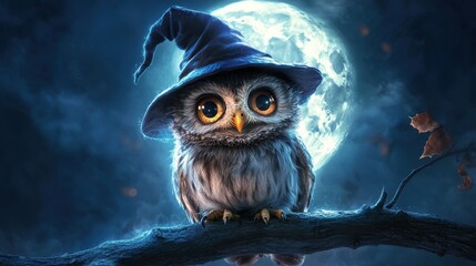 Big-eyed cartoon owl wearing a witch hat sits on a branch with a full moon and dark night sky in the background.