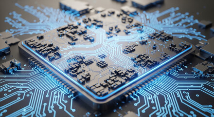 Complex Microchip Technology Close Up High Tech Circuit Board Design Abstract Digital Computing Electronic Components and Futuristic Data Processing Advanced System and Technological Innovation