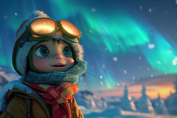 Adorable animated girl in winter gear gazes in wonder at the glowing aurora borealis under a starry sky in snowy landscape.