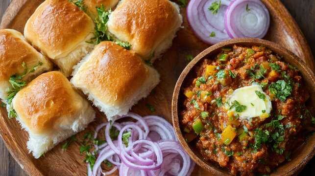 Top view of pav bhaji served with onion slice, mumbai food 