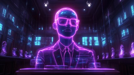 A glowing purple hologram of a judge in a grand digital courtroom, symbolizing future legal systems, AI justice, and cyber law.