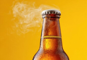 Craft Beer Revelation: The frosty amber bottle exudes freshness and refreshment, releasing vapor, a symbol of anticipation and taste.