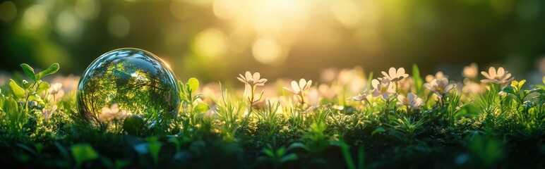 Crystal sphere resting on grass and flowers, reflecting green trees and sunlight in a peaceful, magical natural setting.