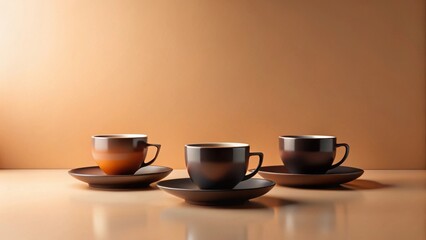 Three coffee cups on saucers, a minimalist still life arrangement against a warm brown background, reflecting soft light.