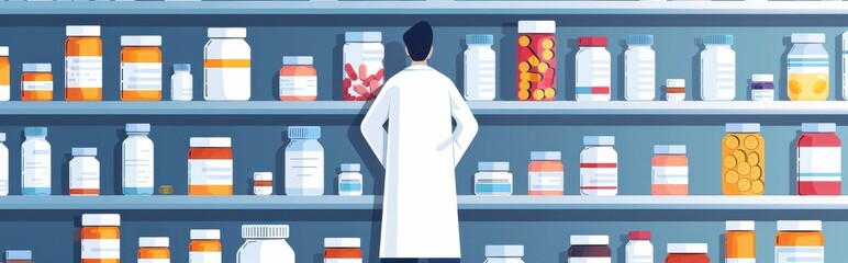 Illustrated pharmacist facing shelves stocked with various colorful medicine bottles and containers in a modern healthcare setting.