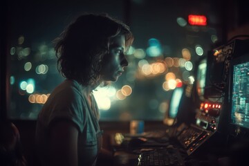 Focused programmer coding diligently on computer late into the night.