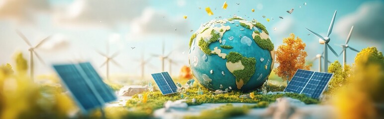 Stylized earth surrounded by wind turbines and solar panels in a colorful landscape, representing renewable energy and sustainability.