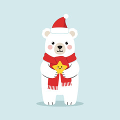 Cute cartoon polar bear wearing a red Santa hat and scarf.
