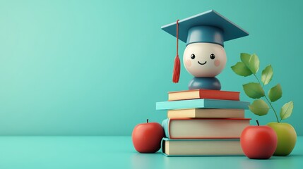 Smiling cartoon graduate figure on a stack of books with apples and leaves, symbolizing learning, education, and achievement.