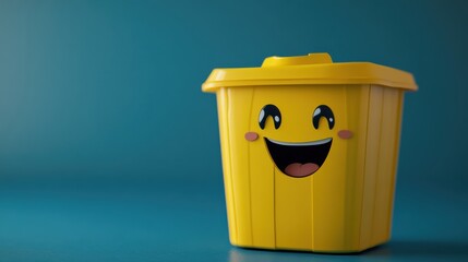 A bright yellow trash bin with a happy face on a blue background, promoting recycling, waste management, and eco-friendliness.