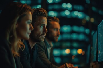 Fototapeta premium Focused business professionals intently analyzing data on computer screens at night