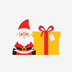 Cute cartoon Santa Claus sitting next to a large yellow gift box.